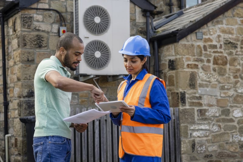 A construction worker with a hard hat and reflective jacket holding a digital tablet, talking to the home owner who is showing her documents.