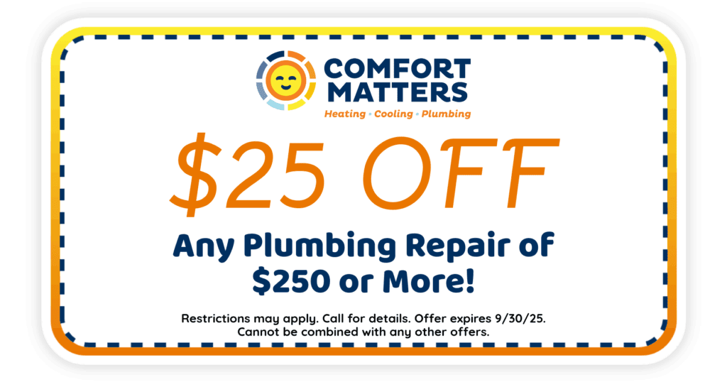 $25 Off any plumbing repair of $250 or more! Coupon. Comfort Matters.