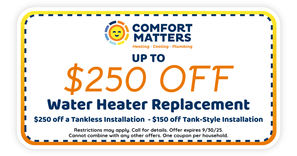 Up to $250 Off water heater replacement. $250 off a tankless installations. $150 off tank-style installation. Coupon. Comfort Matters Heating Cooling Plumbing.