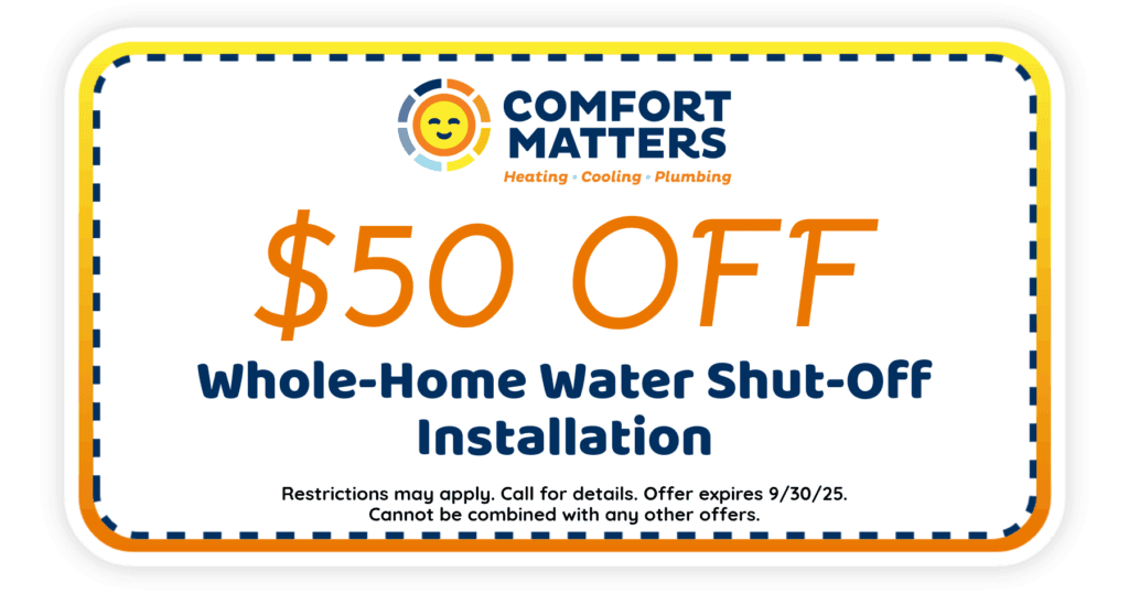 Off Whole-Home water shut-off installation. Coupon. Comfort Matters Heating Cooling Plumbing.